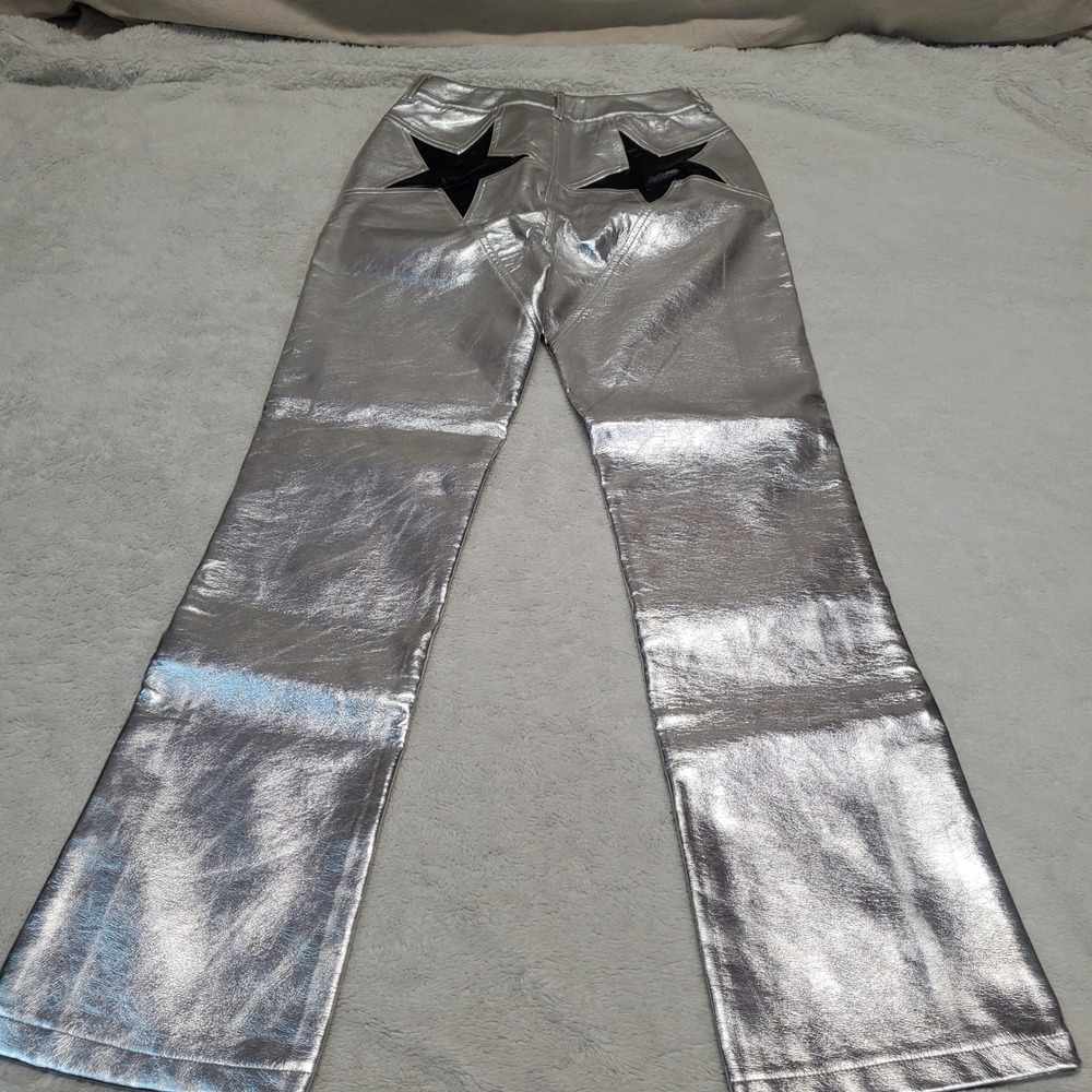 Nasty Gal Silver Faux Leather Black Star Pants Women 4 Rave Party Festival Cyber - Picture 5 of 11